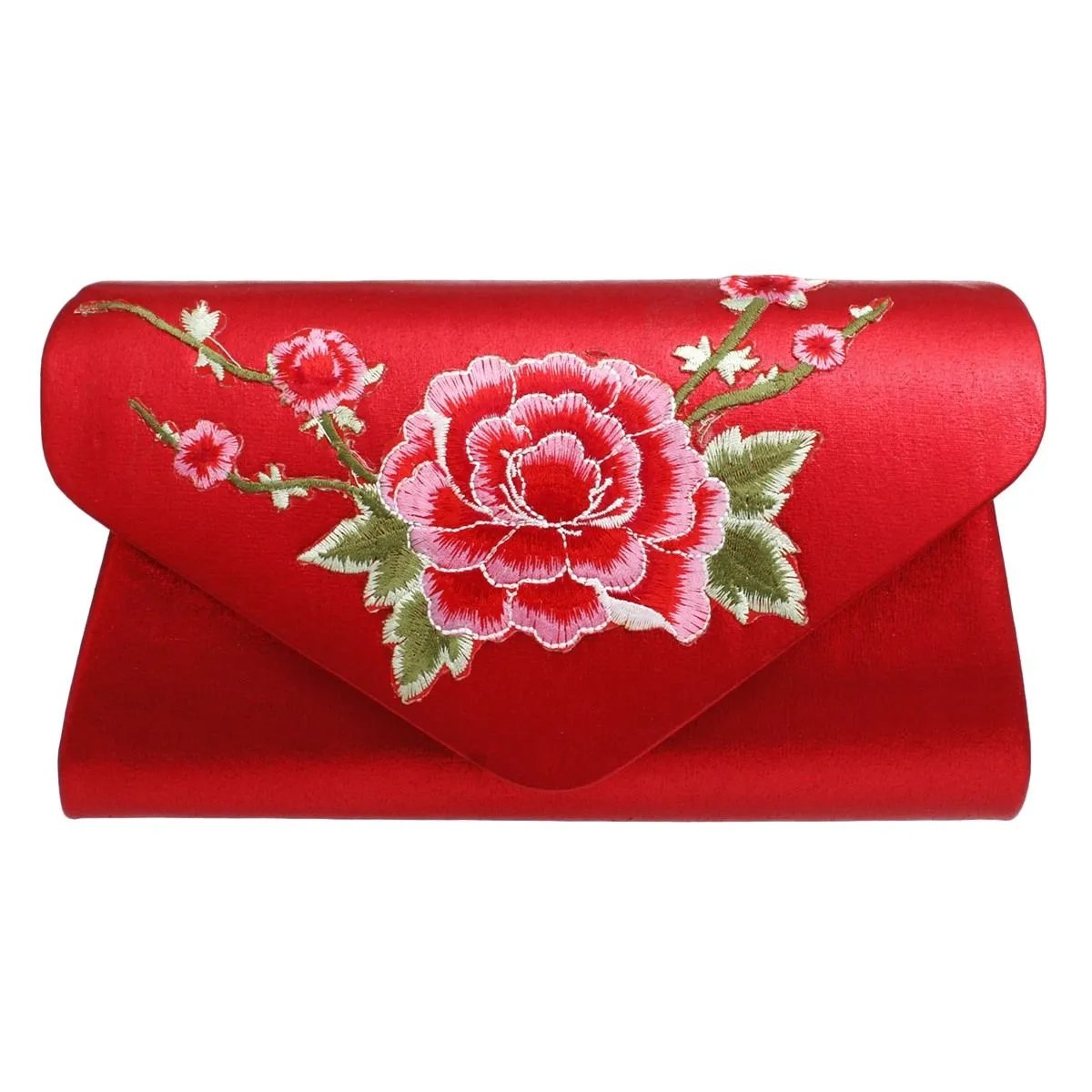 Elegant Metallic Red Floral Embroidered Evening Clutch Handbag