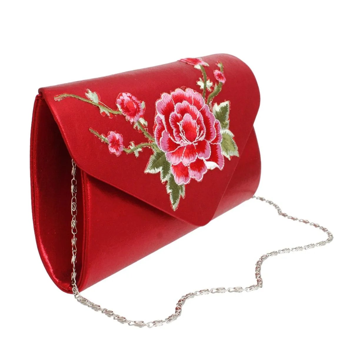 Elegant Metallic Red Floral Embroidered Evening Clutch Handbag