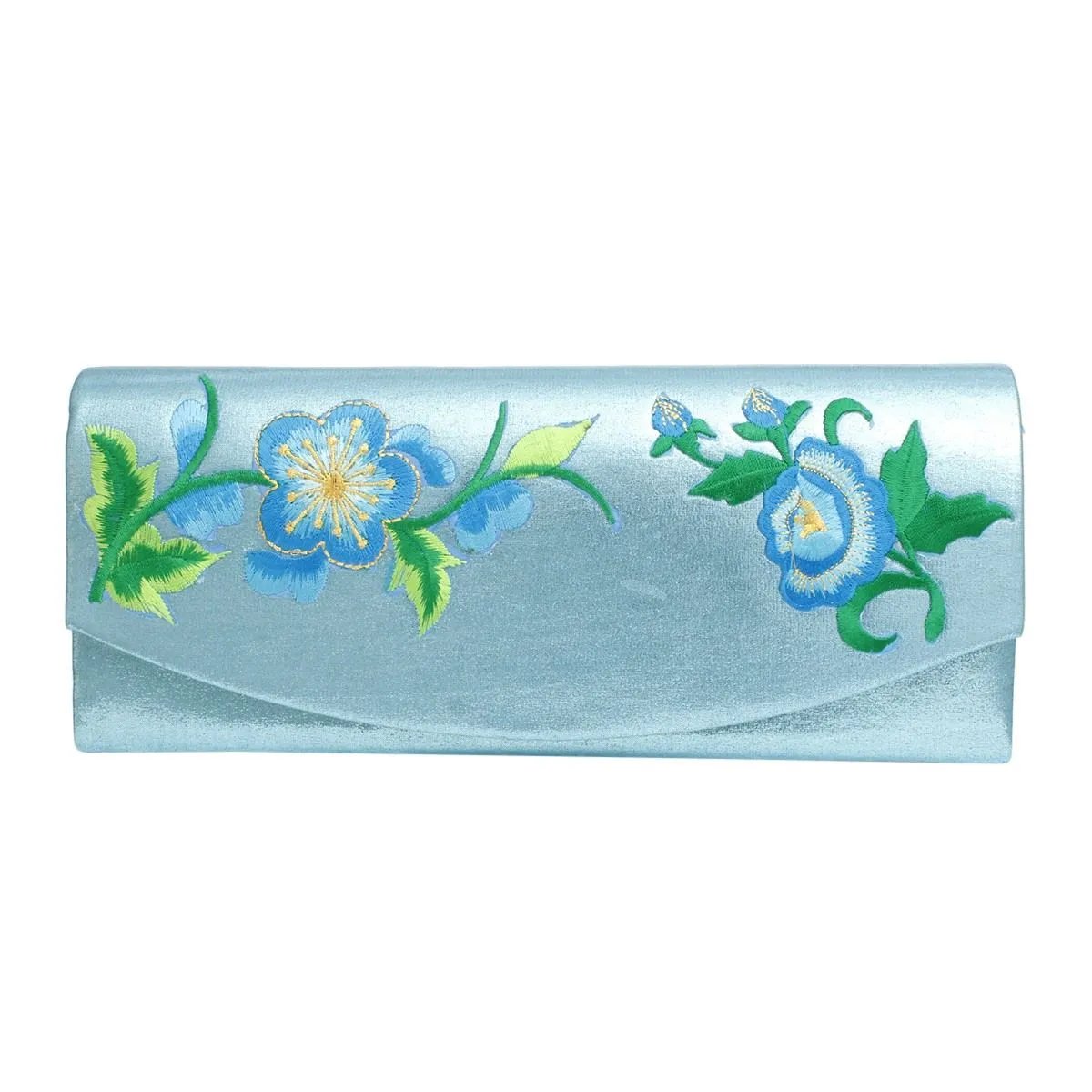 Elegant Aqua Blue Metallic Floral Embroidered Long Evening Clutch Handbag