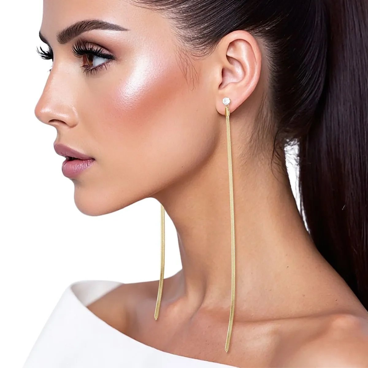 Women’s Shoulder Duster Earrings – Extra Long Gold Tone Herringbone Chain with Clear Rhinestone, Modern Chic Style