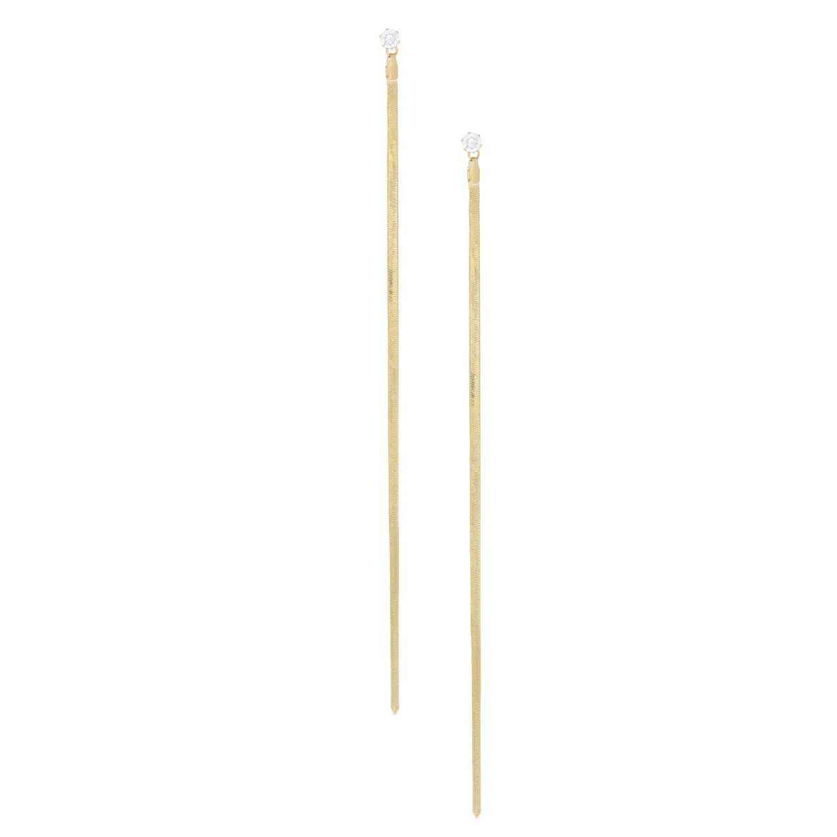 Women’s Shoulder Duster Earrings – Extra Long Gold Tone Herringbone Chain with Clear Rhinestone, Modern Chic Style