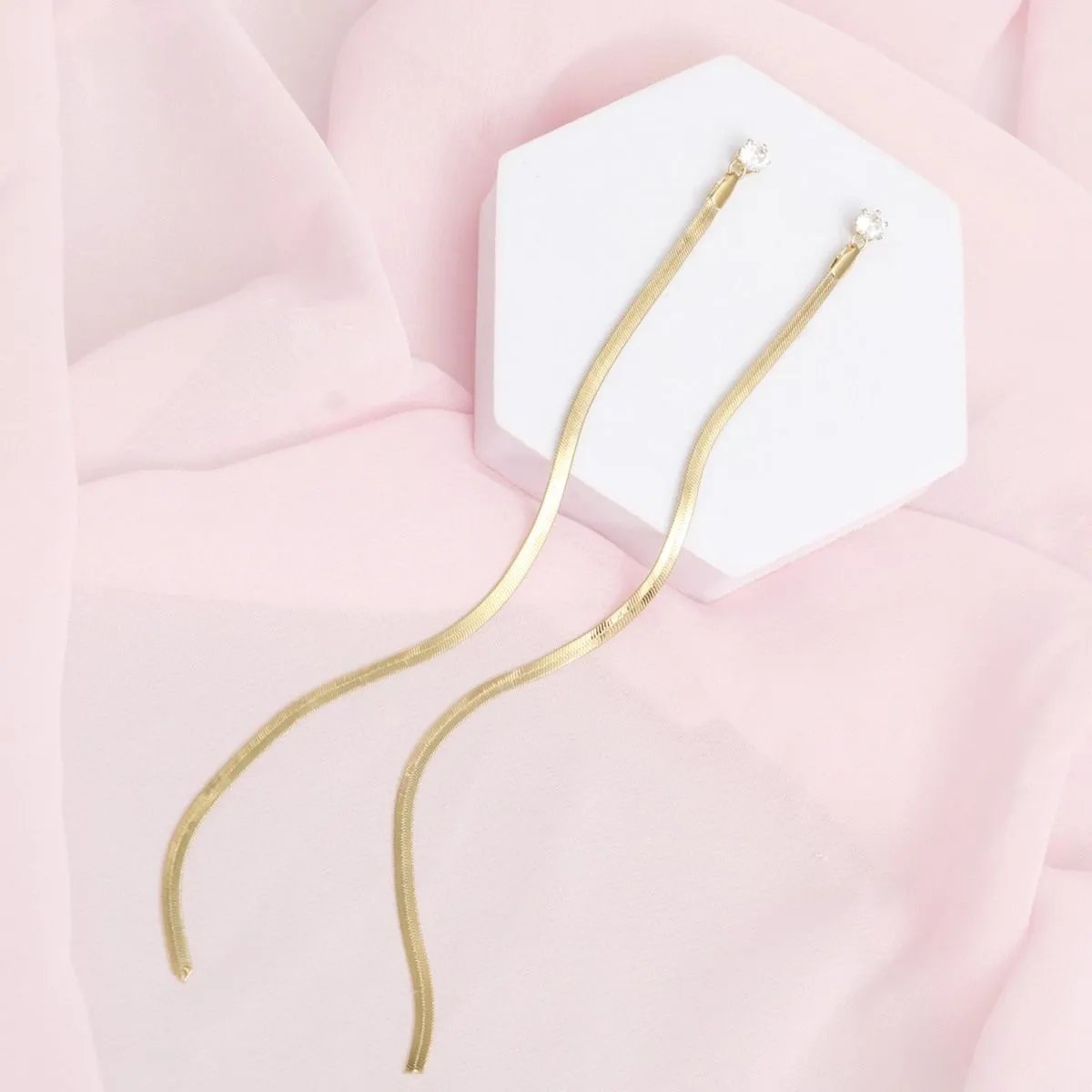 Women’s Shoulder Duster Earrings – Extra Long Gold Tone Herringbone Chain with Clear Rhinestone, Modern Chic Style