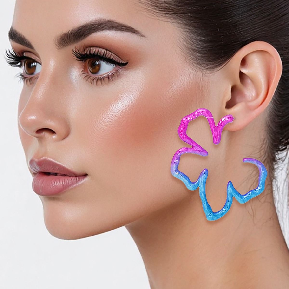 Floral Hoop Earrings Metallic Pink & Blue Open Design Statement Earrings, Lead and Cadmium Compliant Pinktown