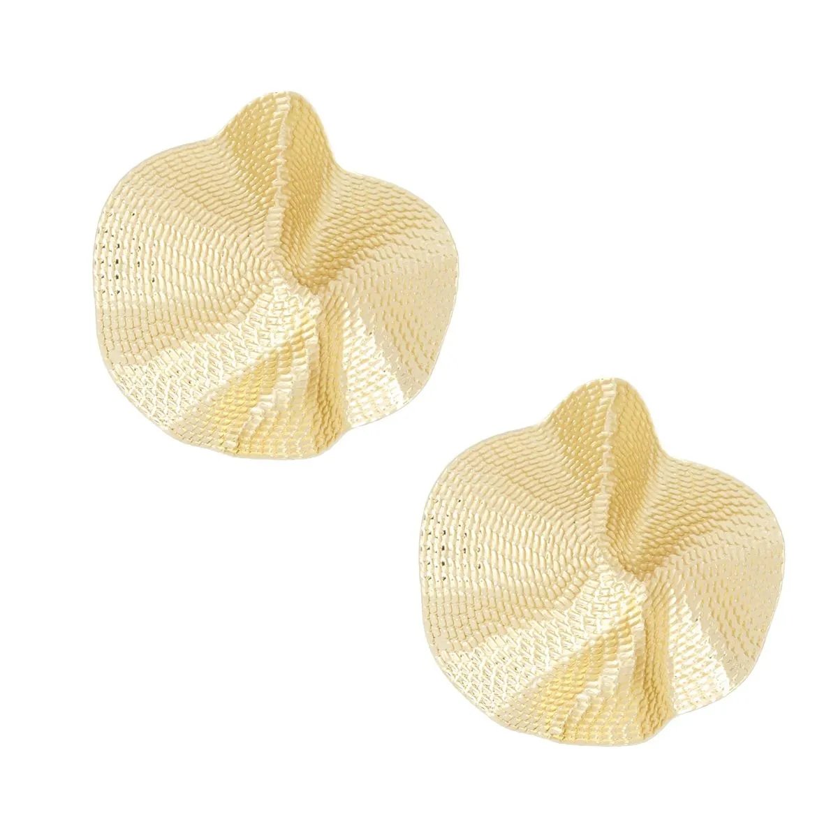 Gold Dimensional Bent Metal Ribbed Texture Stud Earrings – Polished Finish