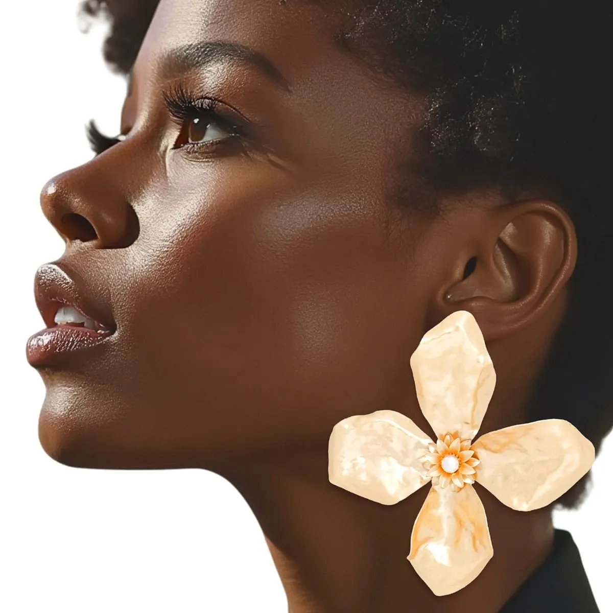 Large Matte Gold Sculptured Flower Stud Earrings with Pearl Center