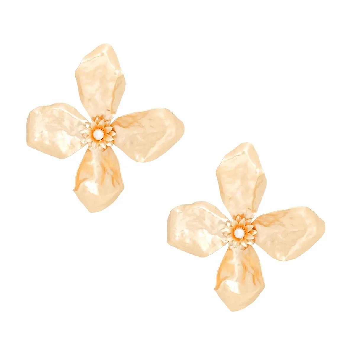 Large Matte Gold Sculptured Flower Stud Earrings with Pearl Center