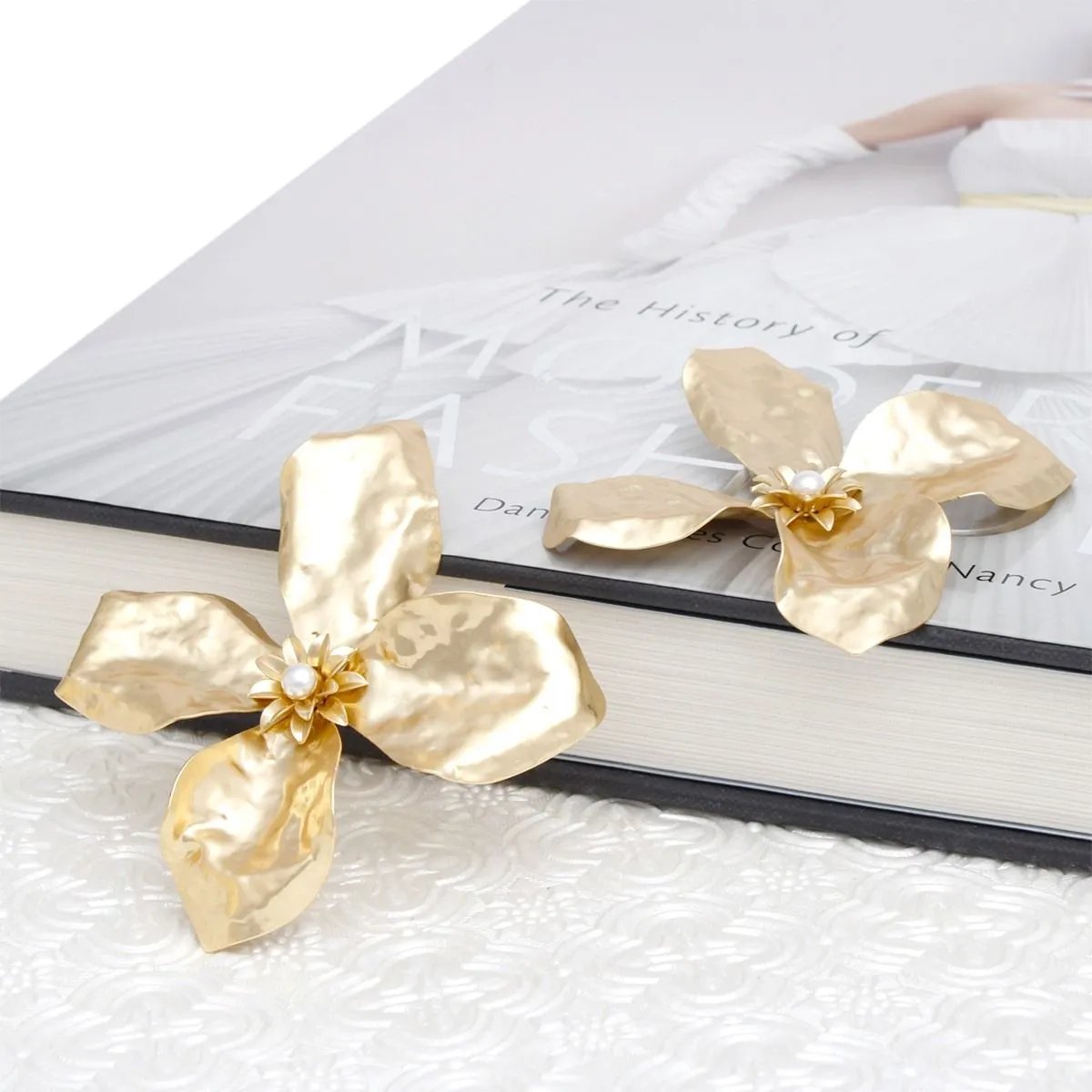 Large Matte Gold Sculptured Flower Stud Earrings with Pearl Center