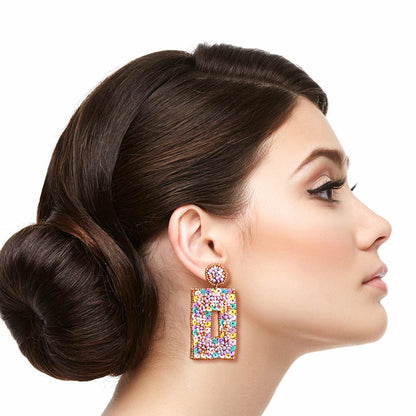 Jewelry Bubble Embroidered Multicolor Pastel Seed Bead & Sequin Rectangle Drop Earrings Pinktown