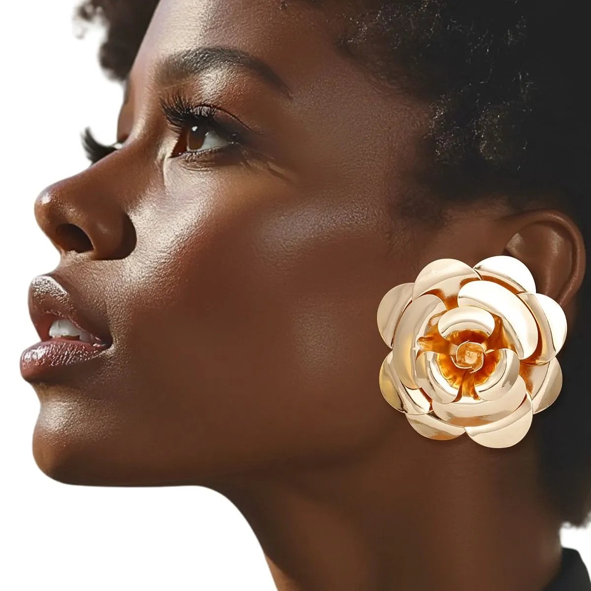 Large Golden Bloom Flower Earrings – Dimensional Layered Petal Studs