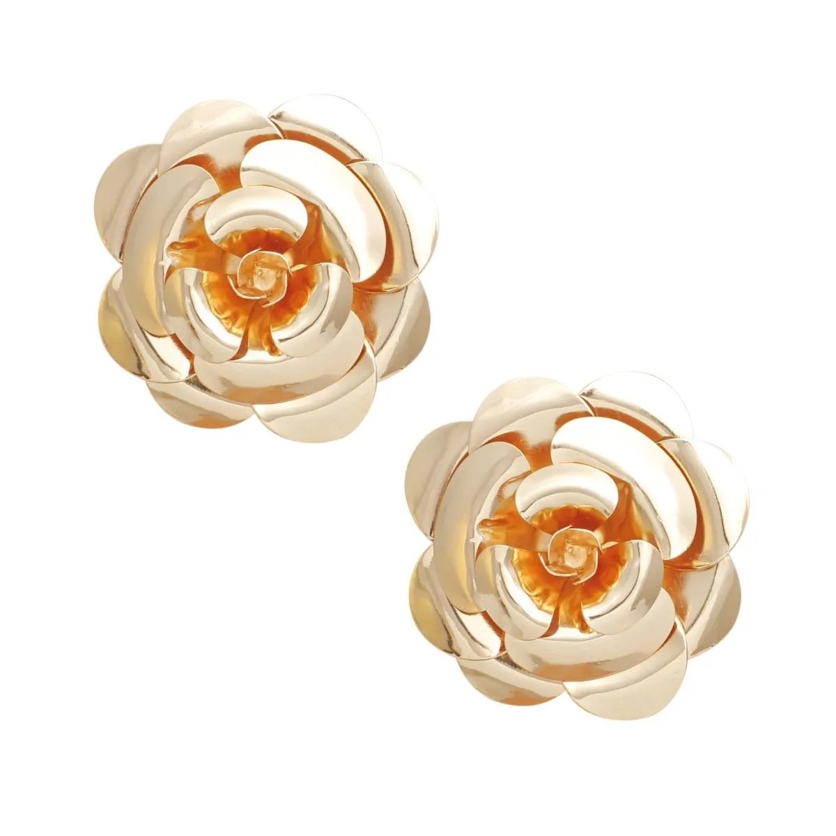 Large Golden Bloom Flower Earrings – Dimensional Layered Petal Studs