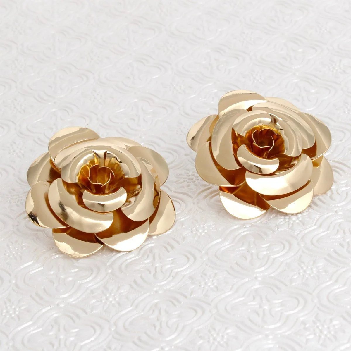 Large Golden Bloom Flower Earrings – Dimensional Layered Petal Studs