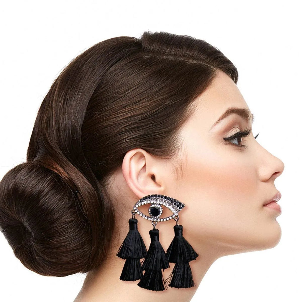 Silver Tone Black Evil Eye Tassel Drop Earrings