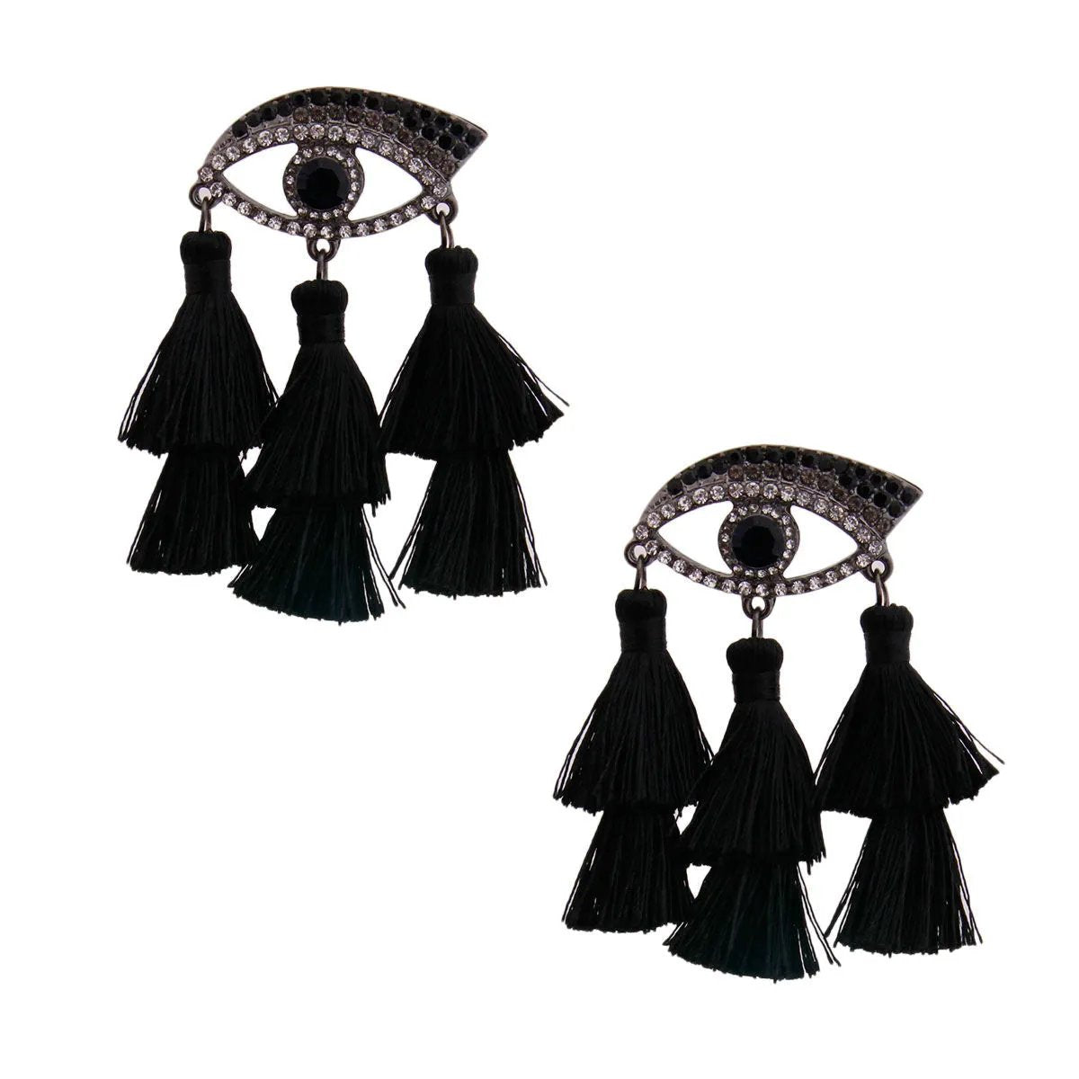 Silver Tone Black Evil Eye Tassel Drop Earrings