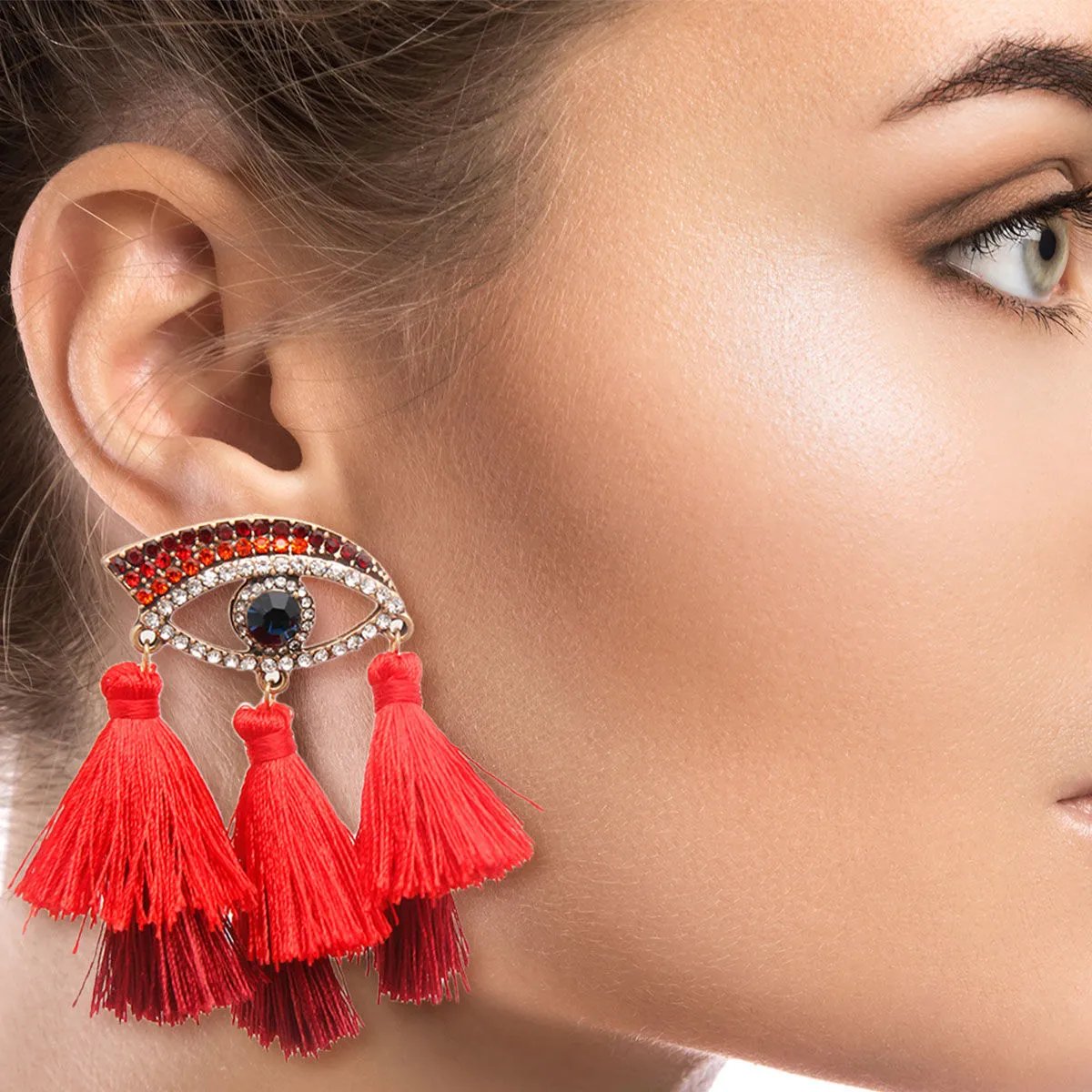 Gold Tone Red Evil Eye Tassel Drop Earrings