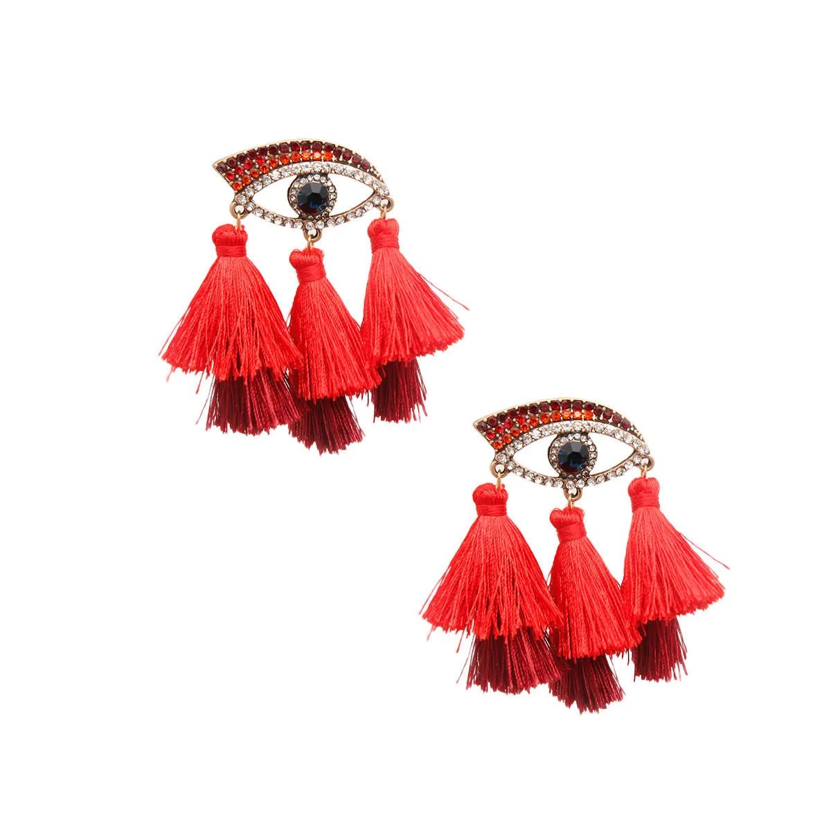 Gold Tone Red Evil Eye Tassel Drop Earrings