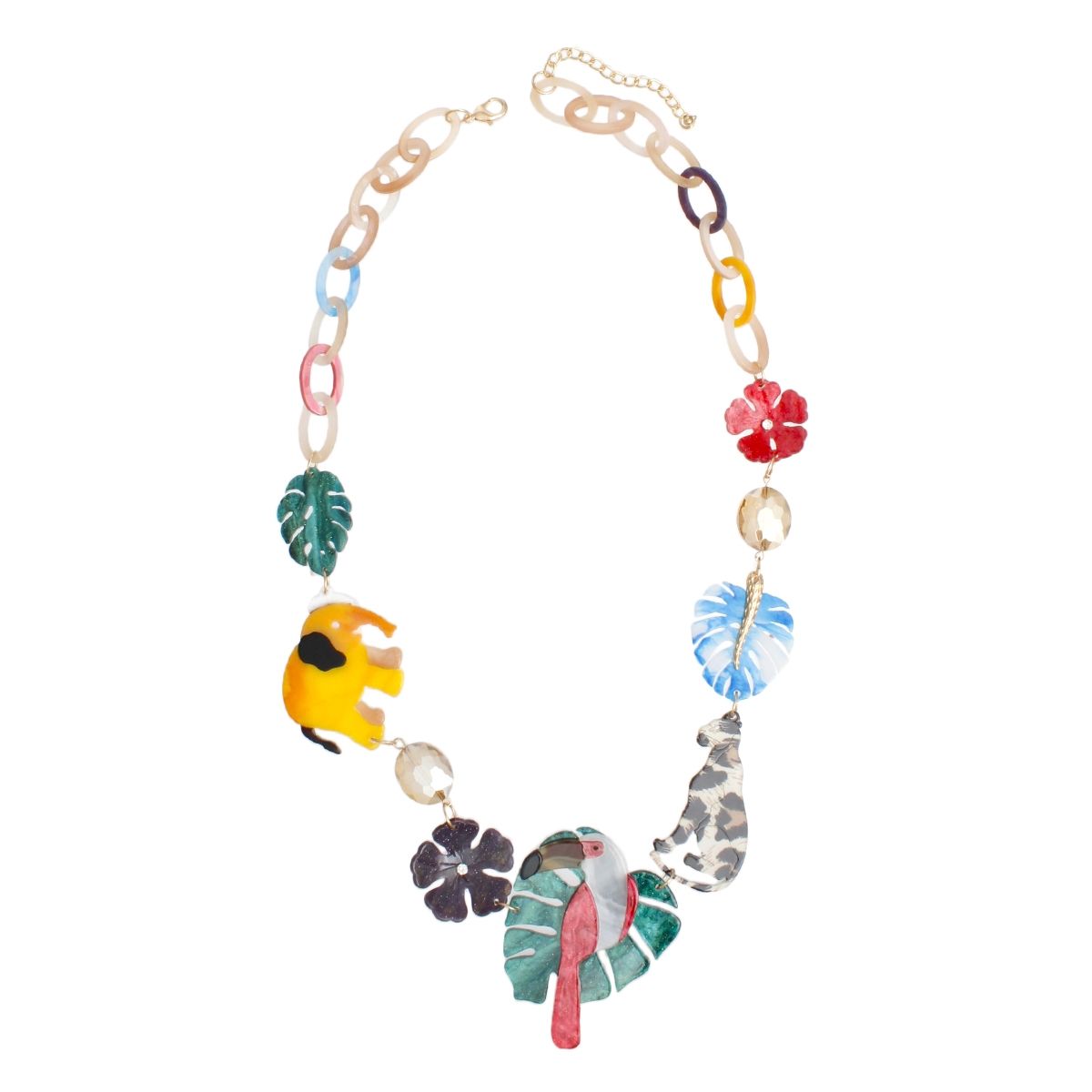 Island Glamour Tropical Jungle Necklace – Multicolor Acrylic Links, Animal & Leaf Charms, Statement Jewelry Pinktown
