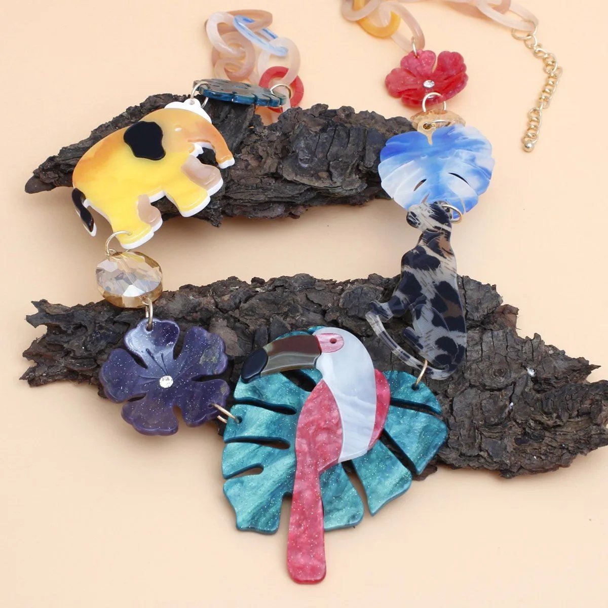 Island Glamour Tropical Jungle Necklace – Multicolor Acrylic Links, Animal & Leaf Charms, Statement Jewelry