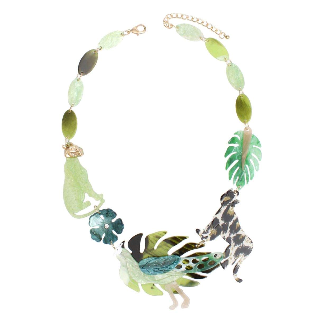 Island Glamour Tropical Collar Necklace – Peacock, Leopard & Leaf Statement Jewelry Pinktown