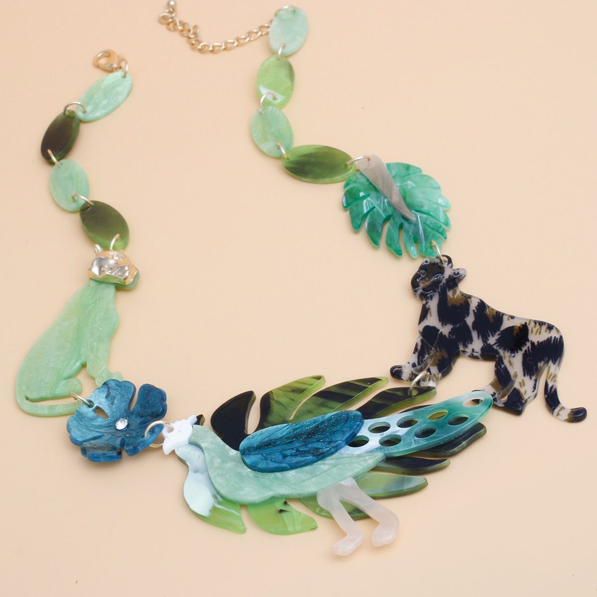Island Glamour Tropical Collar Necklace – Peacock, Leopard & Leaf Statement Jewelry Pinktown