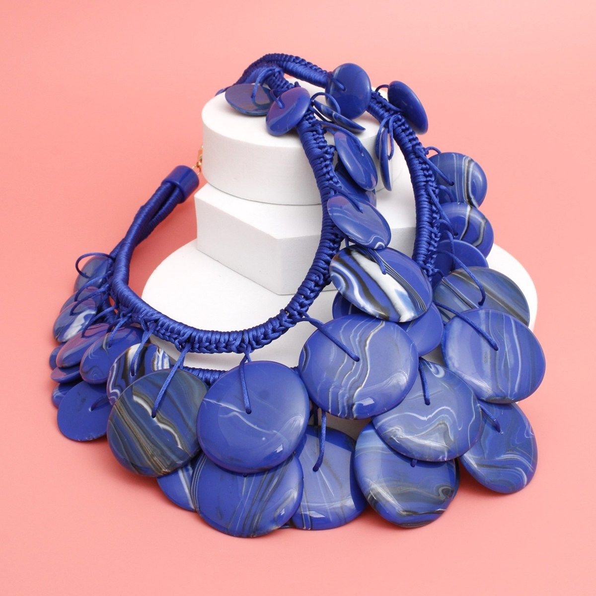 Bib Blue Dramatic Long Cord Disc Necklace Women Pinktown