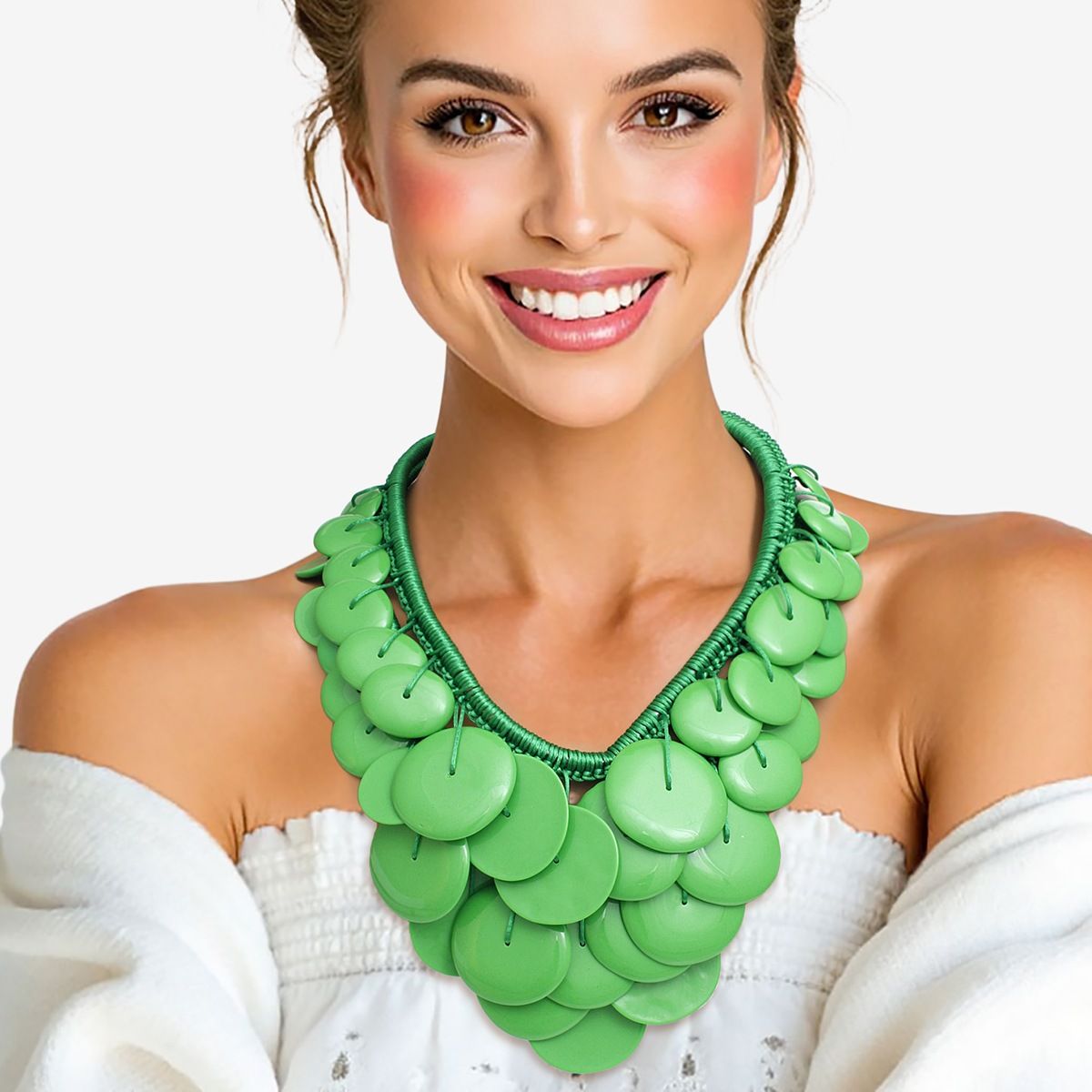 Women's Green Bib Necklace with Button-Like Acrylic Drops Pinktown
