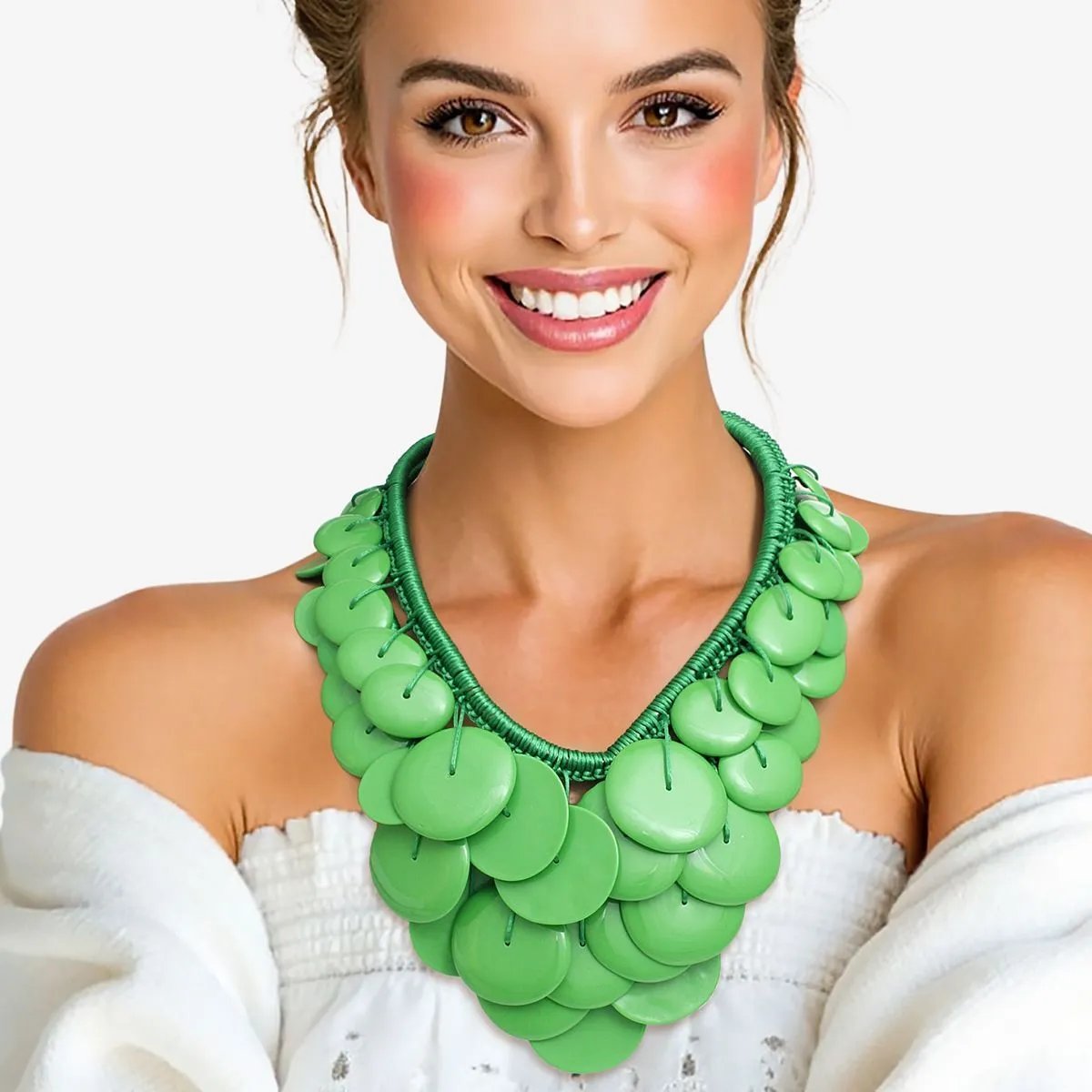 Women's Green Bib Necklace with Button-Like Acrylic Drops