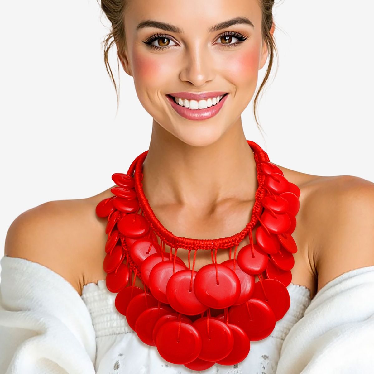 Bib Red Dramatic Long Cord Disc Necklace Women Pinktown