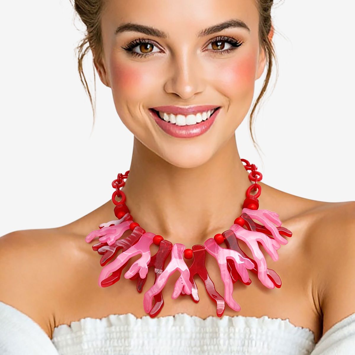 Coastal Chic Ocean-Inspired Red & Pink Acrylic Coral Collar Necklace – Graduated Statement Design Pinktown