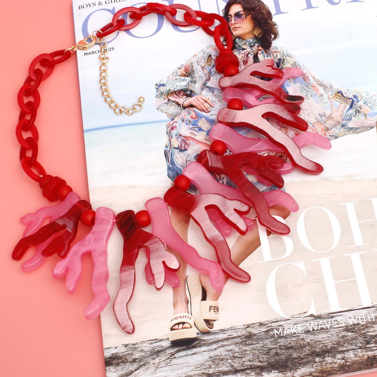 Coastal Chic Ocean-Inspired Red & Pink Acrylic Coral Collar Necklace – Graduated Statement Design Pinktown