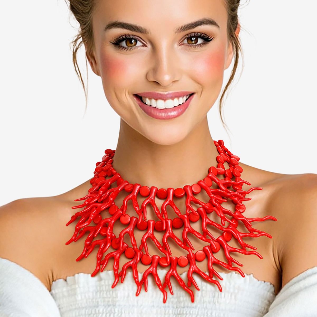 Coastal Chic Red Coral Bib Necklace – Layered Acrylic Statement Jewelry for Women Pinktown