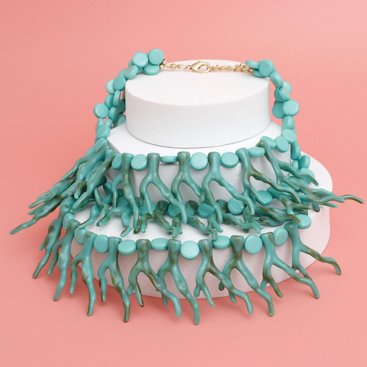 Coastal Chic Turquoise Coral Bib Necklace – Layered Acrylic Ocean-Inspired Jewelry for Women Pinktown