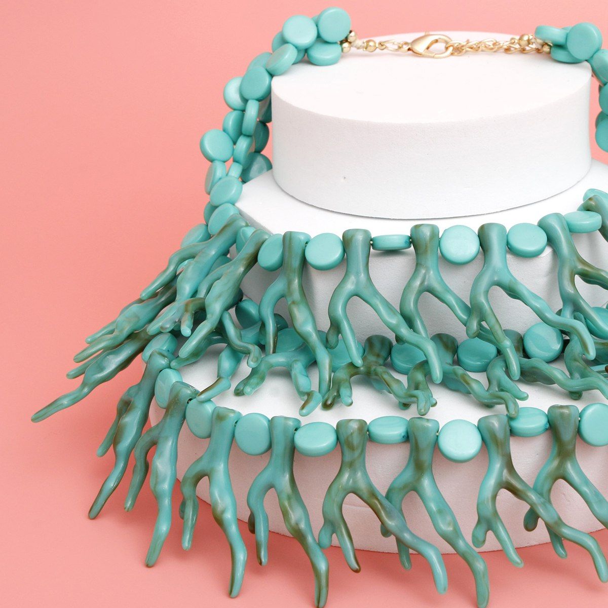 Coastal Chic Turquoise Coral Bib Necklace – Layered Acrylic Ocean-Inspired Jewelry for Women Pinktown