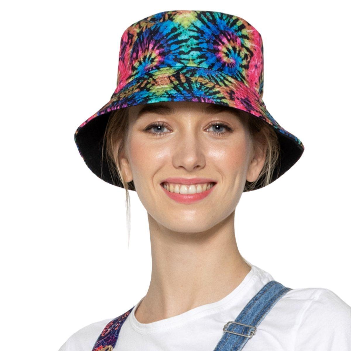 Multicolor Bucket Hat with Tie Dye Pattern, Reversible