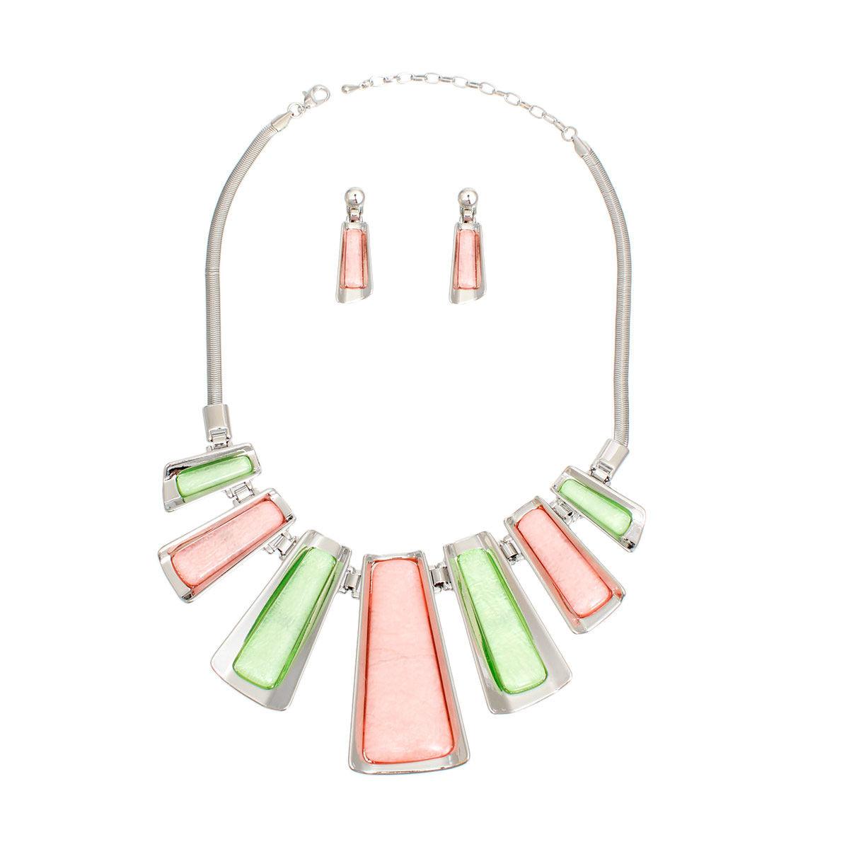 Multicolor Trapezoid Necklace & Earrings - Silver Fashion Jewelry