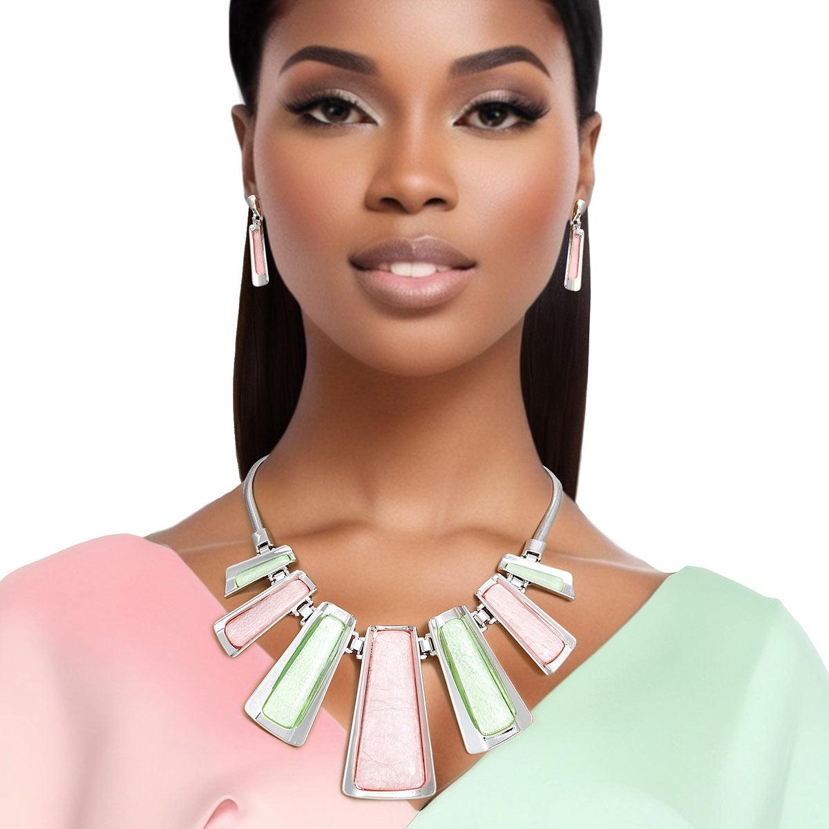 Multicolor Trapezoid Necklace & Earrings - Silver Fashion Jewelry