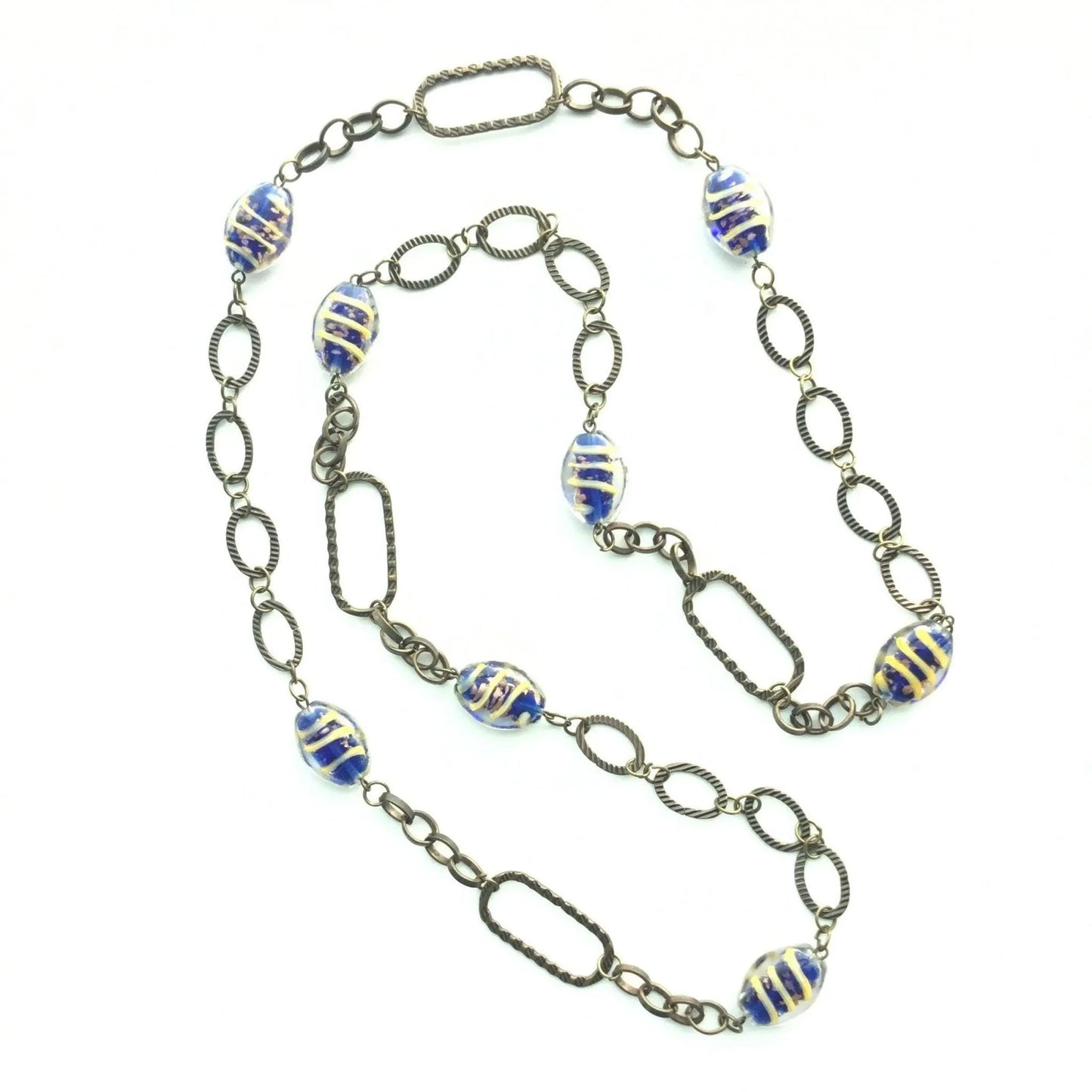 Murano glass swirl beads long open link chain vintage necklace