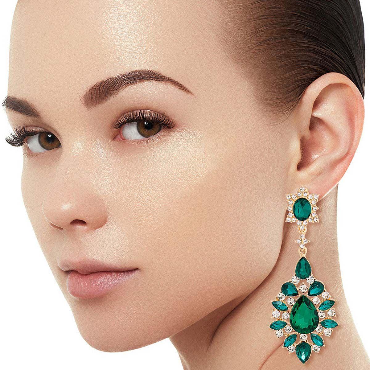 Must-Have Green/Gold Teardrop Earrings: Sparkle with Rhinestone Detail