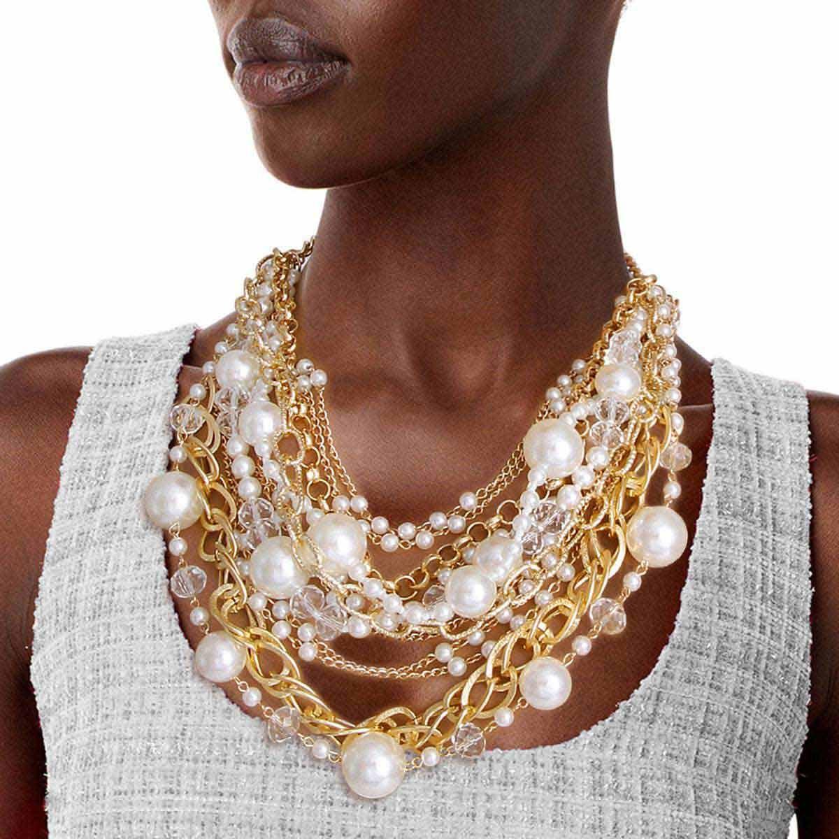Must-Have Layered Necklace: Gold Chains, Cream Pearls & Clear Beads