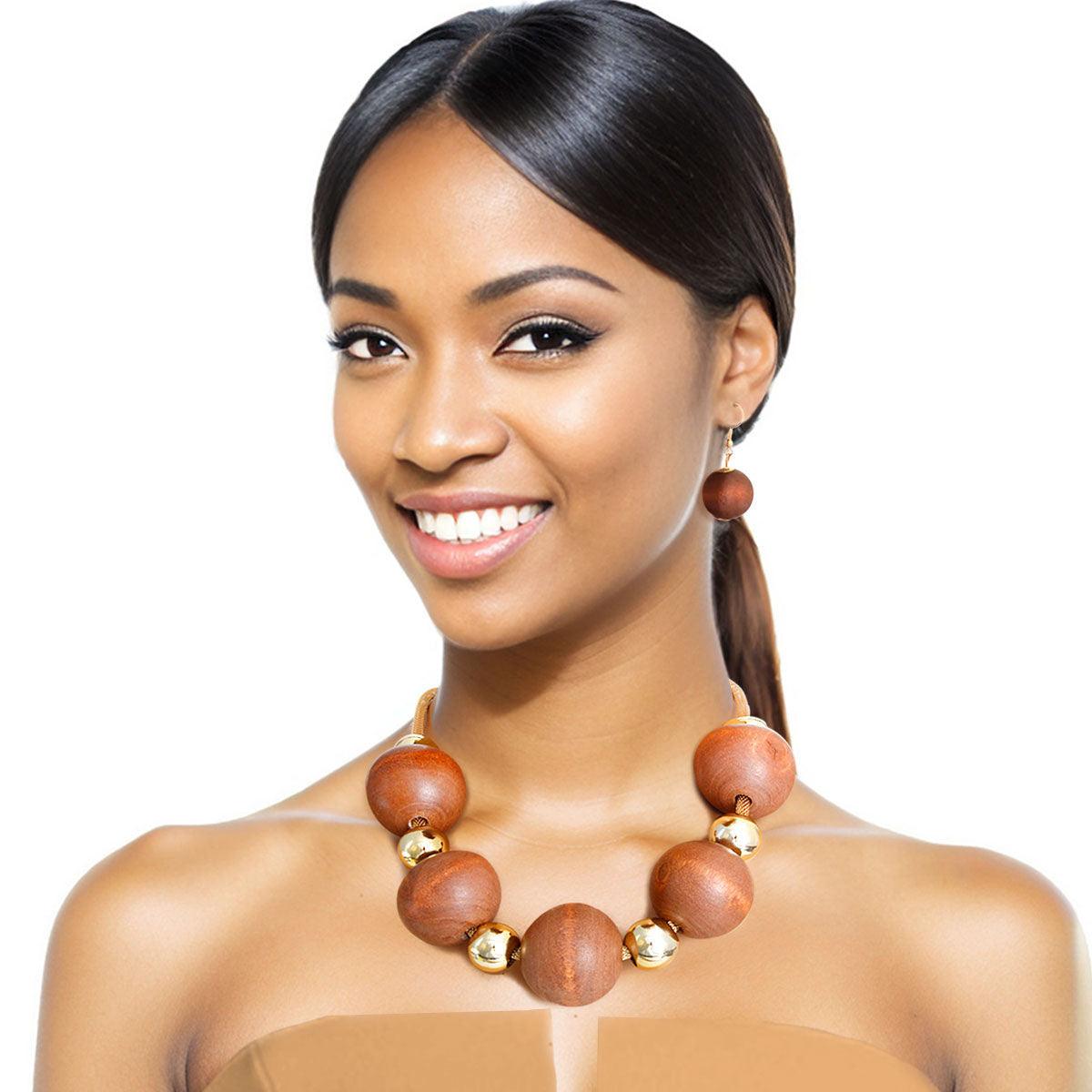 Nature's Best: Unique Wood Bead Necklace & Earrings Set for You