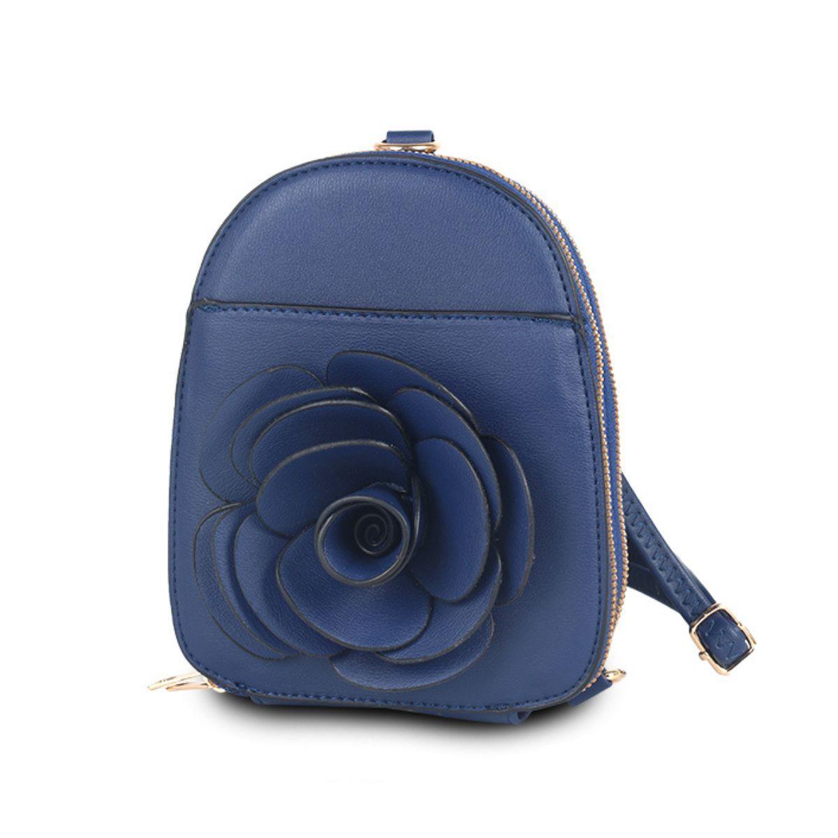 Navy Blue Vegan Leather Floral Mini Backpack: Stylish & Secure