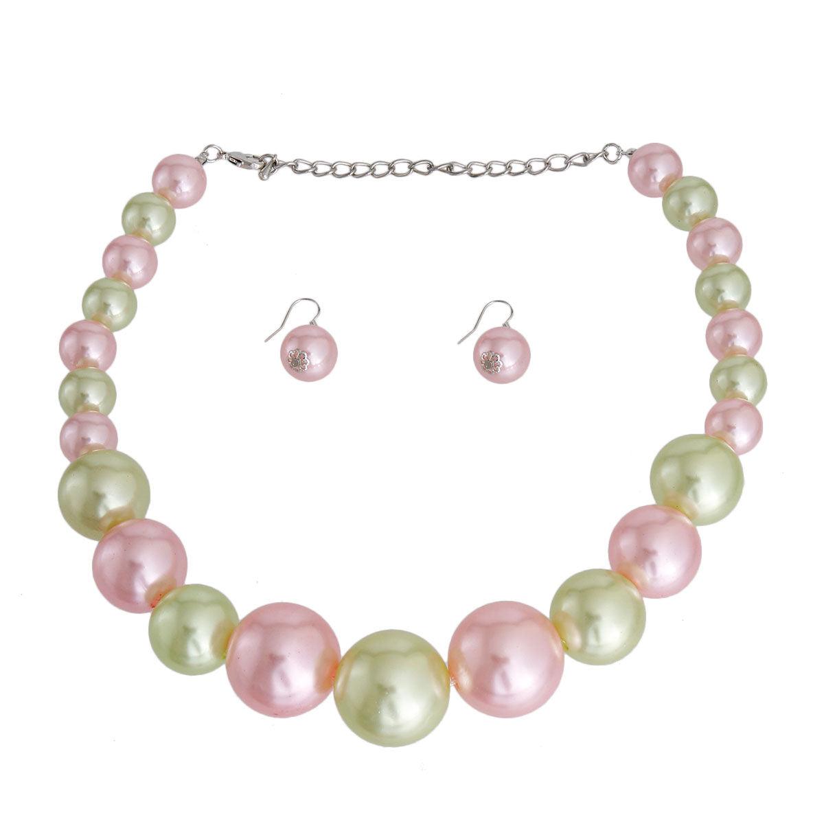 Necklace and Earrings Set with Pink and Green Faux Pearls