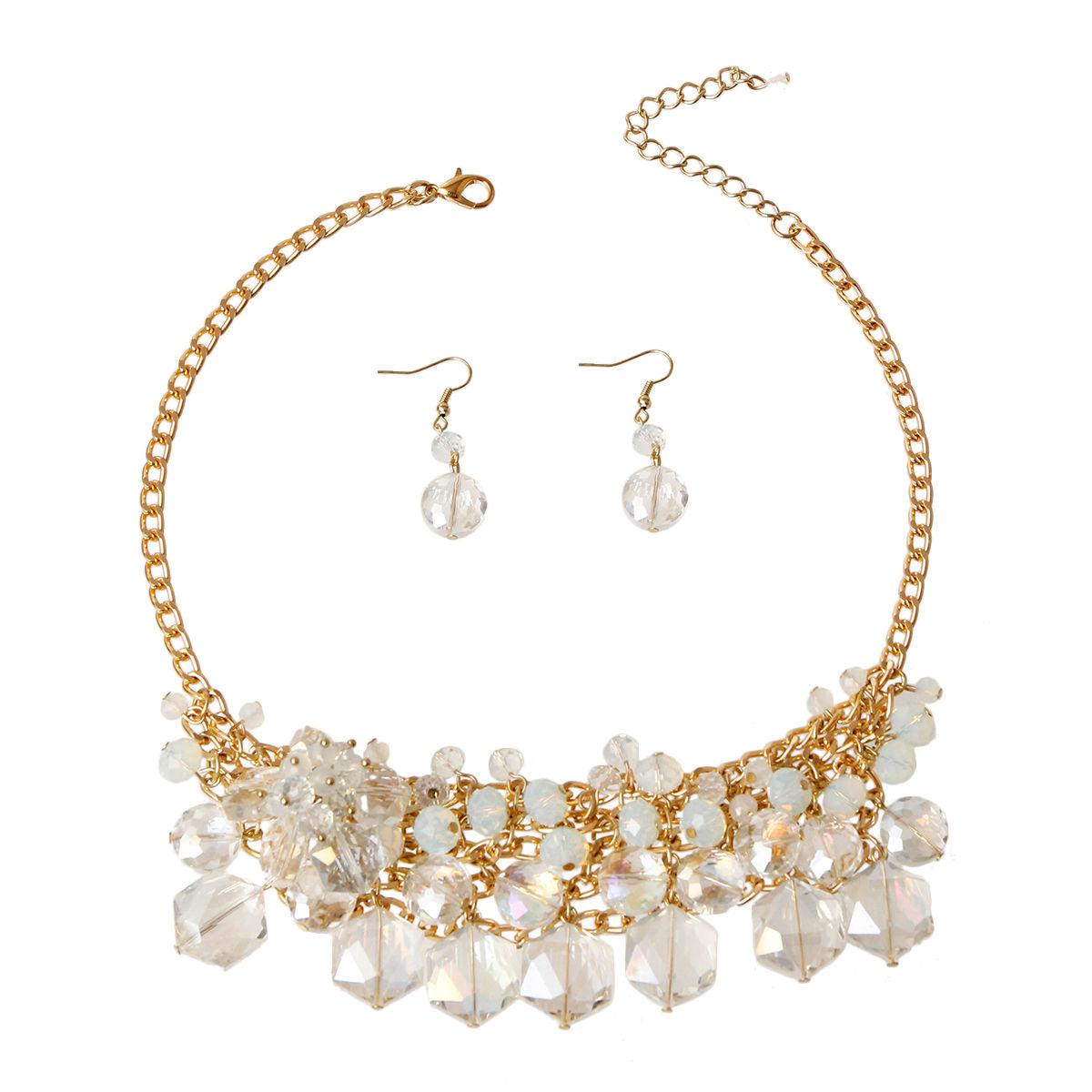 Necklace Set with Clustered Clear Beads and Gold Plating