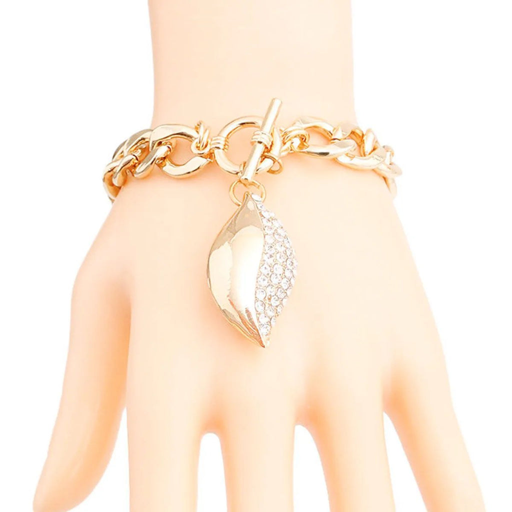 Gold-Tone Bracelet with Pave Rhinestone Oval Charm