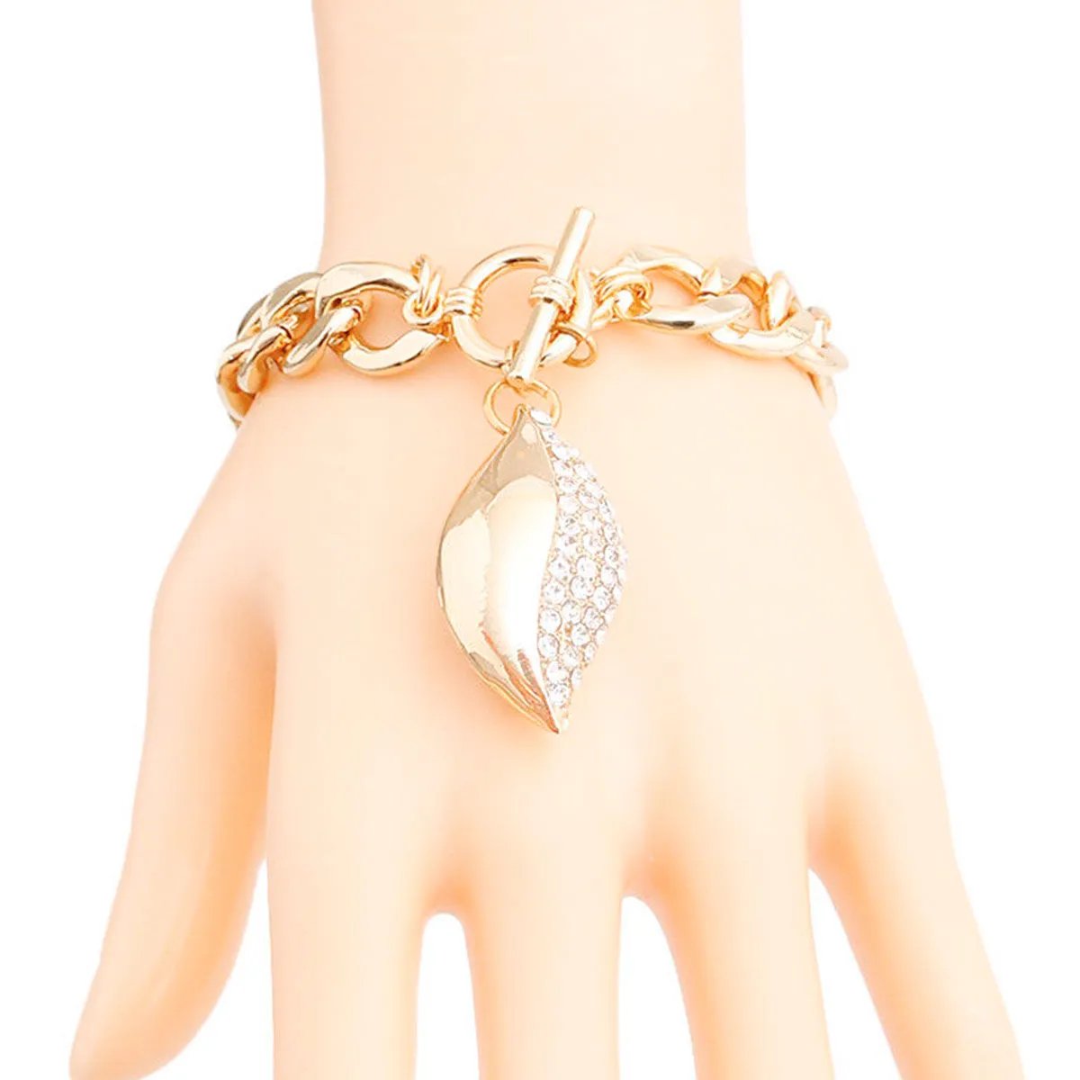 Gold-Tone Bracelet with Pave Rhinestone Oval Charm