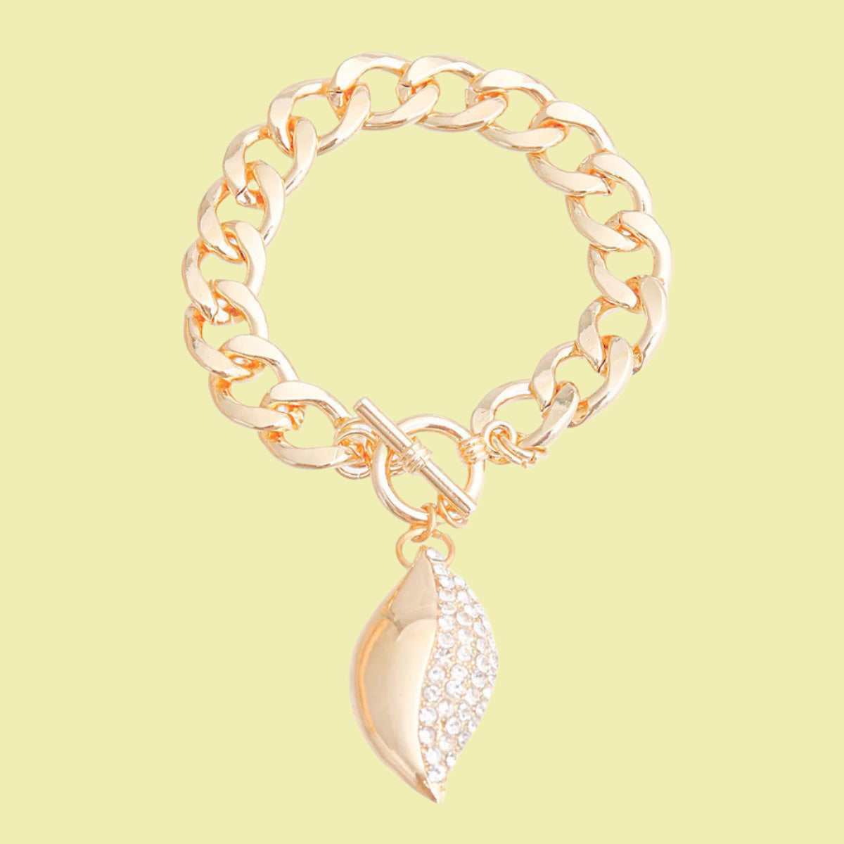 Gold-Tone Bracelet with Pave Rhinestone Oval Charm Pinktown