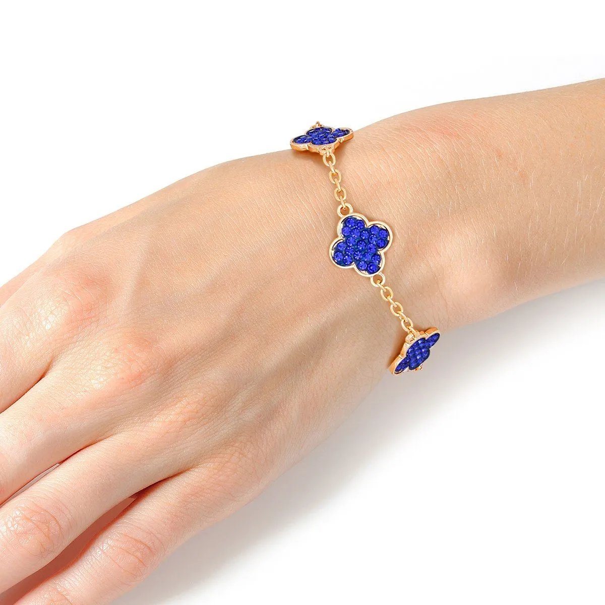 Regal Allure: Sapphire Blue Crystal Quatrefoil Chain Bracelet