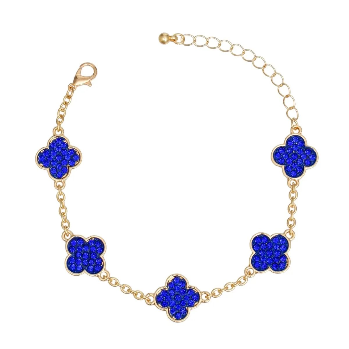Regal Allure: Sapphire Blue Crystal Quatrefoil Chain Bracelet