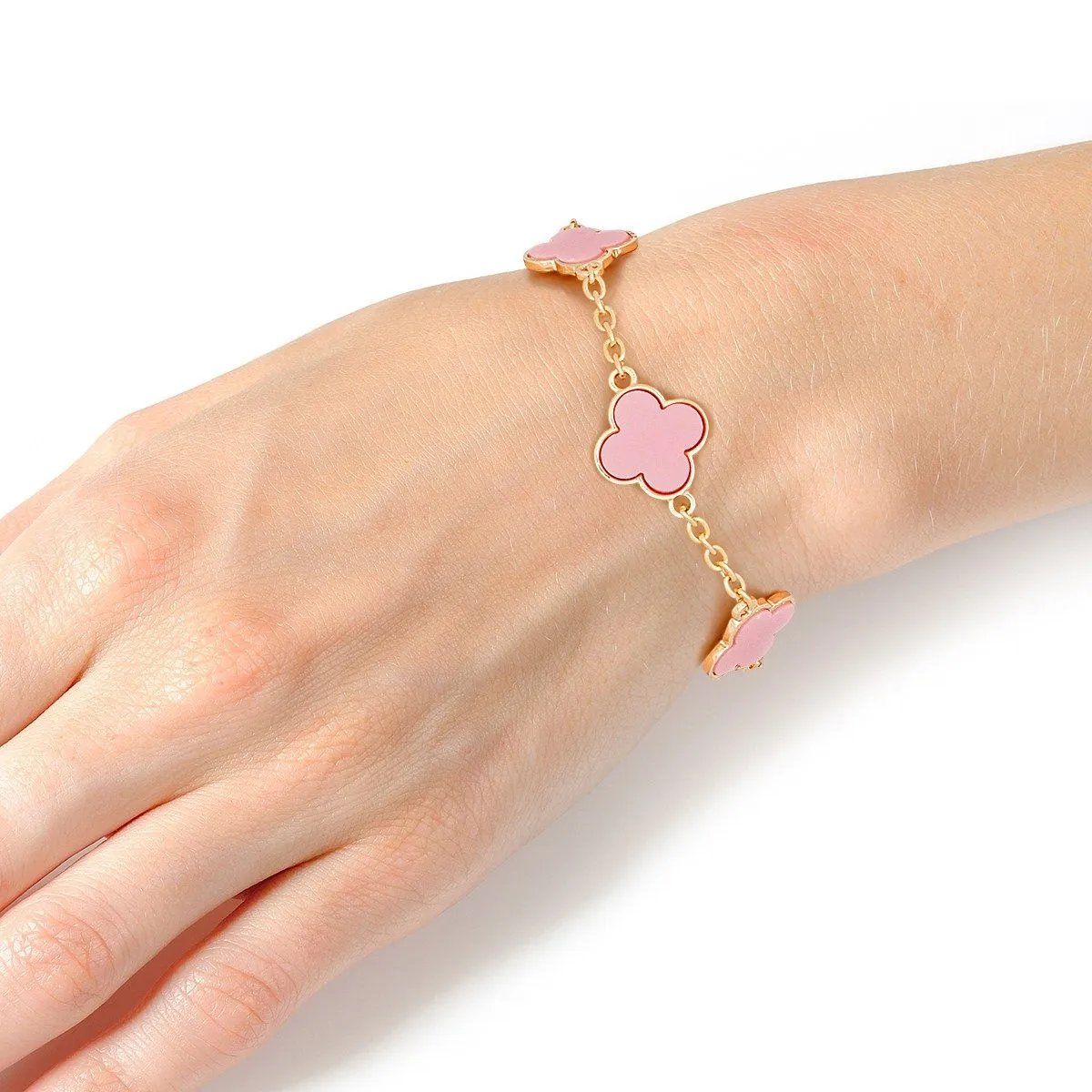 Blossom Charm: Pink Quatrefoil Gold Chain Bracelet