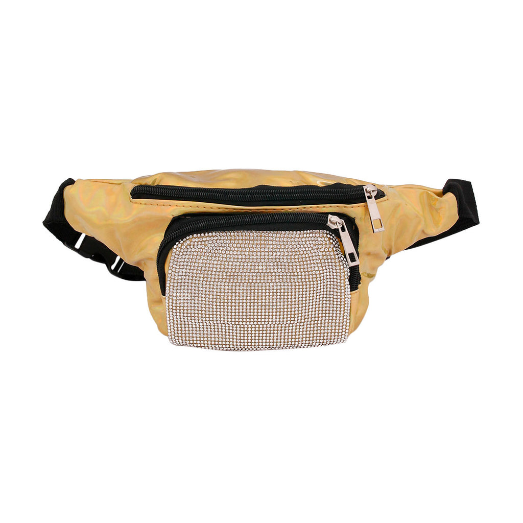 Gold Rhinestone Fanny Pack Faux Patent Leather 2 Zippered Compartments