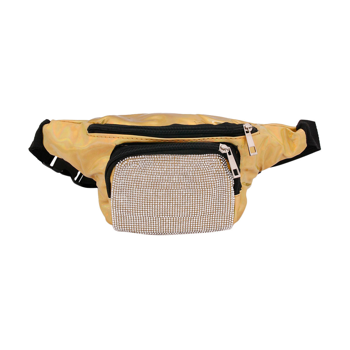 Gold Rhinestone Fanny Pack Faux Patent Leather 2 Zippered Compartments